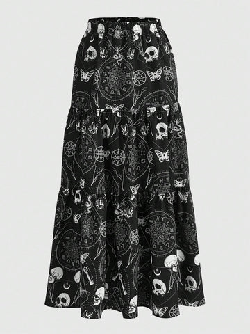 ROMWE Goth Skull & Butterfly Print Ruffle Hem Skirt