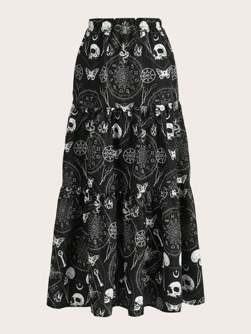 ROMWE Goth Skull & Butterfly Print Ruffle Hem Skirt