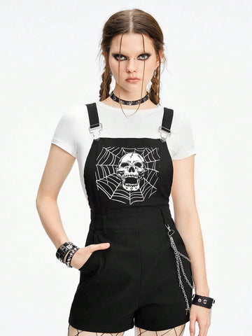 ROMWE Goth Skull & Spider Web Print Pocket Metal Cross Chain Women's Overall Jumpsuit