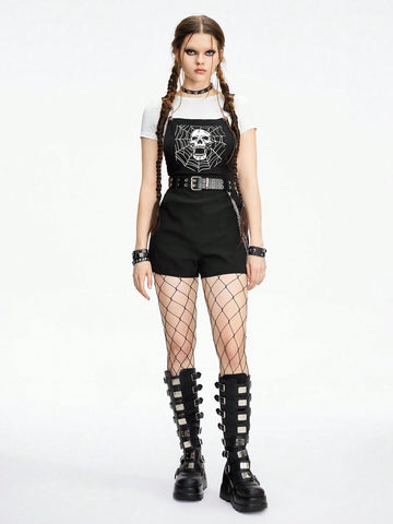 ROMWE Goth Skull & Spider Web Print Pocket Metal Cross Chain Women's Overall Jumpsuit