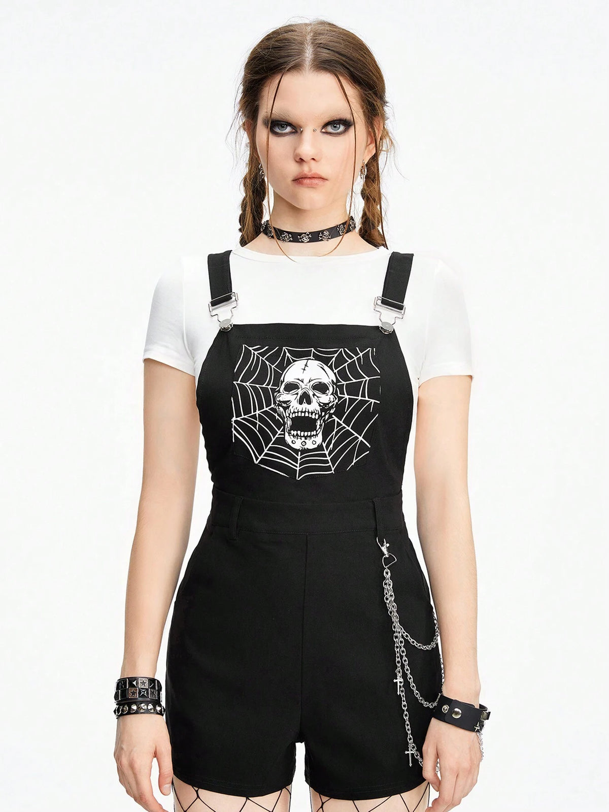 ROMWE Goth Skull & Spider Web Print Pocket Metal Cross Chain Women's Overall Jumpsuit