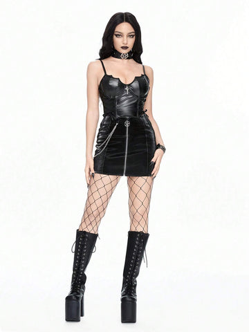 ROMWE Goth Snake Skin PU Leather & Fleece Removable Metal Chain Decoration Bodycon Skirt For Women