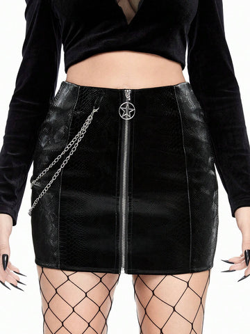 ROMWE Goth Snake Skin PU Leather & Fleece Removable Metal Chain Decoration Bodycon Skirt For Women