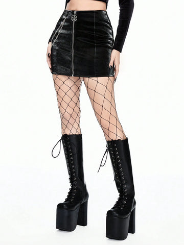 ROMWE Goth Snake Skin PU Leather & Fleece Removable Metal Chain Decoration Bodycon Skirt For Women