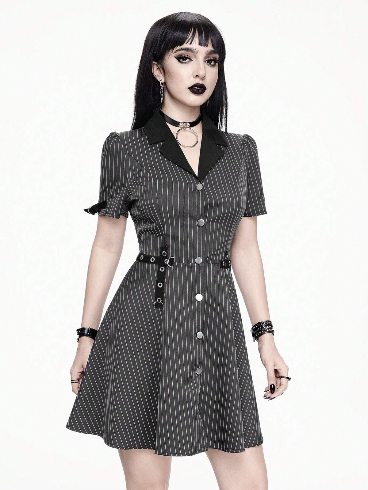 ROMWE Goth Striped Punk Gothic Style Metal Eyelets Buttons Lapel Collar A-Line Dress For Women