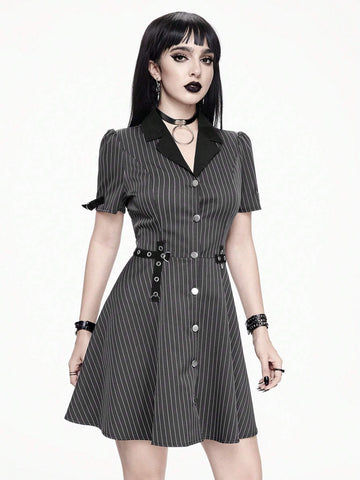 ROMWE Goth Striped Punk Gothic Style Metal Eyelets Buttons Lapel Collar A-Line Dress For Women