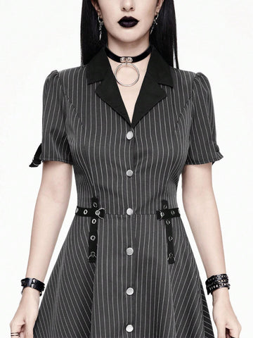 ROMWE Goth Striped Punk Gothic Style Metal Eyelets Buttons Lapel Collar A-Line Dress For Women