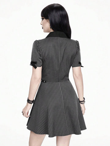 ROMWE Goth Striped Punk Gothic Style Metal Eyelets Buttons Lapel Collar A-Line Dress For Women