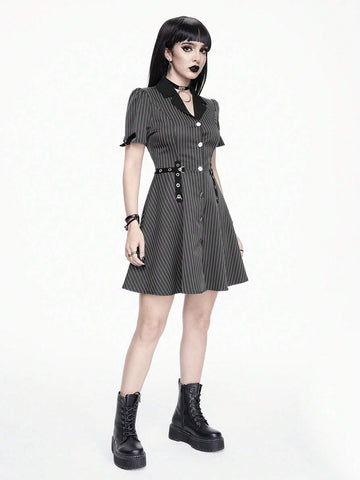 ROMWE Goth Striped Punk Gothic Style Metal Eyelets Buttons Lapel Collar A-Line Dress For Women