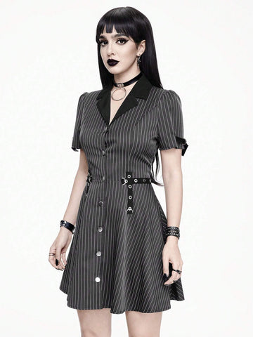 ROMWE Goth Striped Punk Gothic Style Metal Eyelets Buttons Lapel Collar A-Line Dress For Women