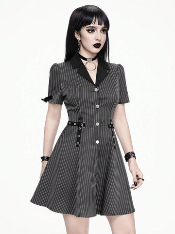 ROMWE Goth Striped Punk Gothic Style Metal Eyelets Buttons Lapel Collar A-Line Dress For Women