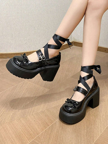 French Style Chunky Heels, British-Style Fashionable Bowknot & Lace-Up Patent Leather