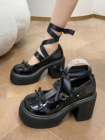 French Style Chunky Heels, British-Style Fashionable Bowknot & Lace-Up Patent Leather