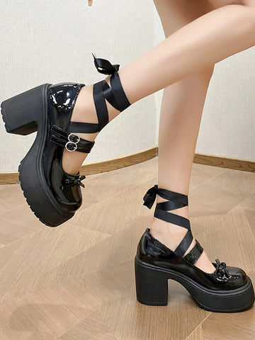 French Style Chunky Heels, British-Style Fashionable Bowknot & Lace-Up Patent Leather