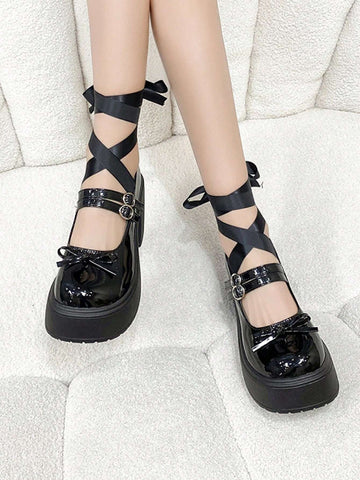 French Style Chunky Heels, British-Style Fashionable Bowknot & Lace-Up Patent Leather