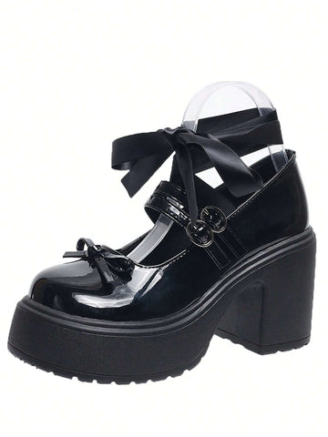 French Style Chunky Heels, British-Style Fashionable Bowknot & Lace-Up Patent Leather
