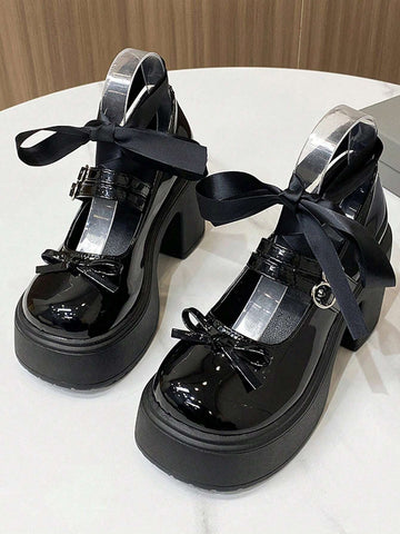 French Style Chunky Heels, British-Style Fashionable Bowknot & Lace-Up Patent Leather