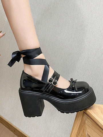 French Style Chunky Heels, British-Style Fashionable Bowknot & Lace-Up Patent Leather