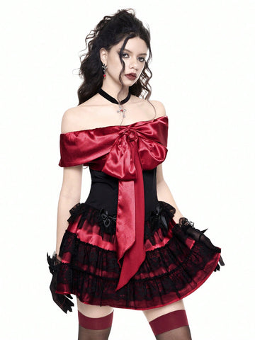 ROMWE Goth Valentine's Day Off Shoulder Satin Bow & Lace Panel Glamorous Sexy Dress