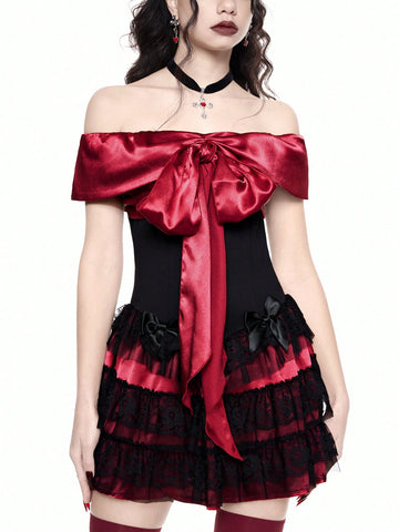 ROMWE Goth Valentine's Day Off Shoulder Satin Bow & Lace Panel Glamorous Sexy Dress