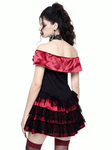 ROMWE Goth Valentine's Day Off Shoulder Satin Bow & Lace Panel Glamorous Sexy Dress