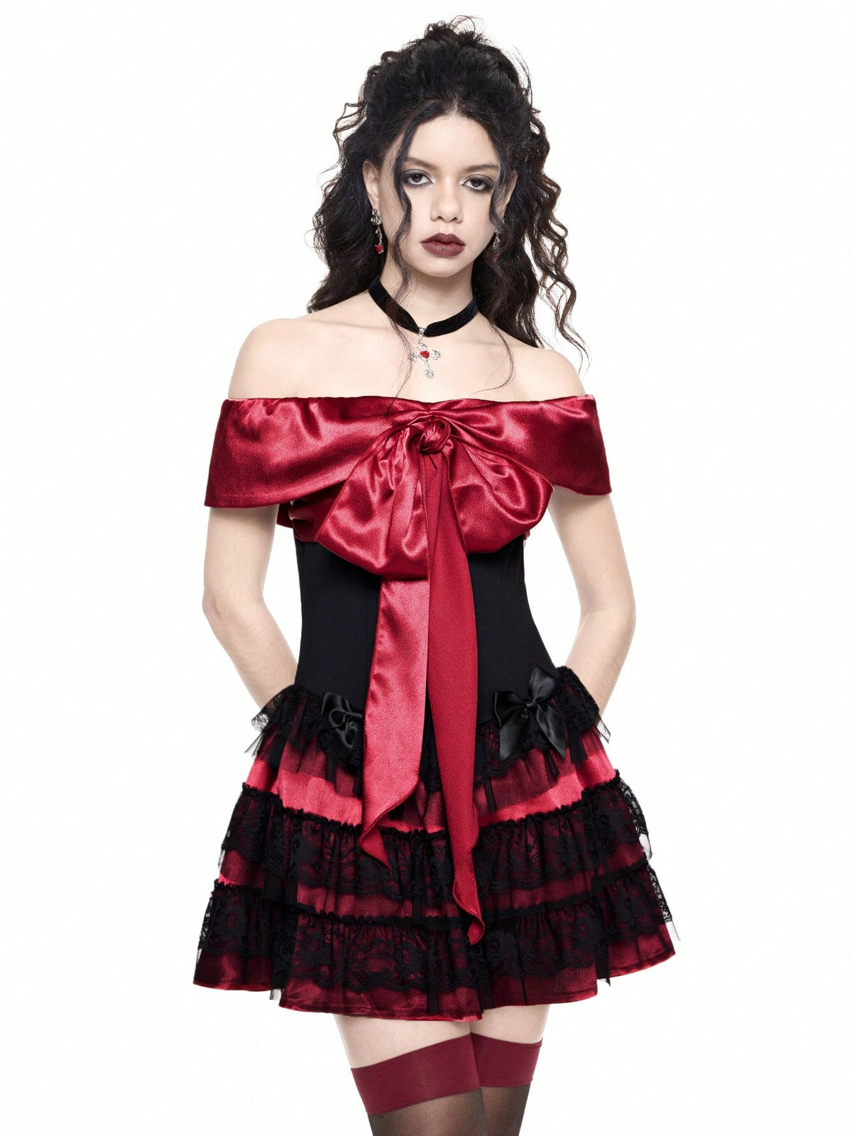ROMWE Goth Valentine's Day Off Shoulder Satin Bow & Lace Panel Glamorous Sexy Dress