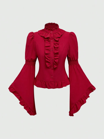 Vintage Gothic Renaissance Ruffled Puff Sleeve Splicing Pure Blouse