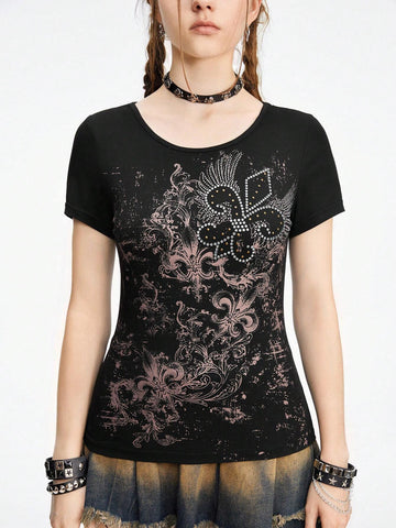 ROMWE Goth Vintage Vine Cross Applique Rhinestone Embellished Slim Fit Printed T-Shirt With Drawstring Waist