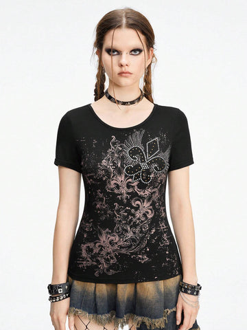 ROMWE Goth Vintage Vine Cross Applique Rhinestone Embellished Slim Fit Printed T-Shirt With Drawstring Waist