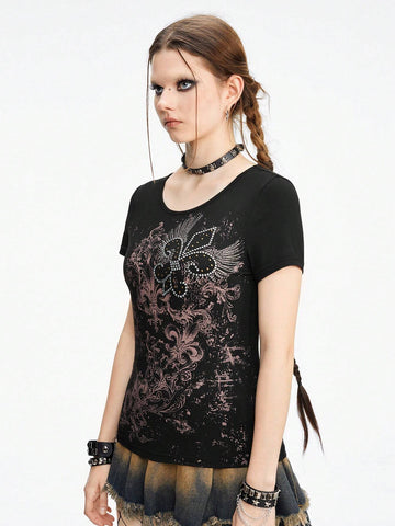 ROMWE Goth Vintage Vine Cross Applique Rhinestone Embellished Slim Fit Printed T-Shirt With Drawstring Waist