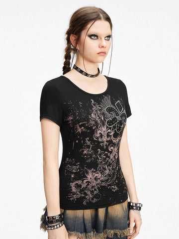 ROMWE Goth Vintage Vine Cross Applique Rhinestone Embellished Slim Fit Printed T-Shirt With Drawstring Waist