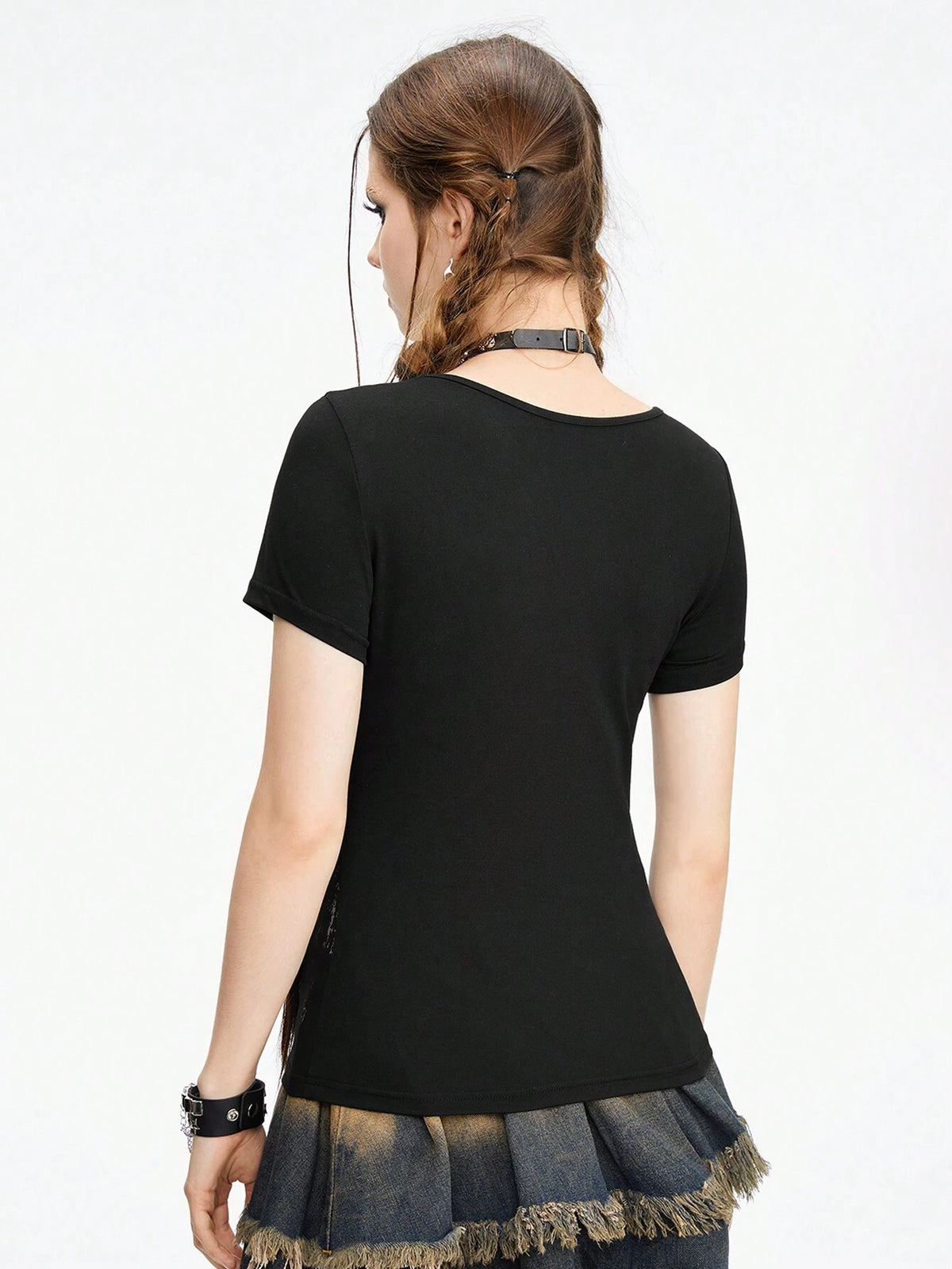 ROMWE Goth Vintage Vine Cross Applique Rhinestone Embellished Slim Fit Printed T-Shirt With Drawstring Waist