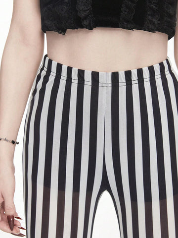ROMWE Goth Women Black And White Striped Holiday Style Wide Leg Mesh Flared Pants