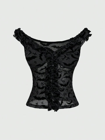 Women Halloween PUNK Mesh & Flocked Bat Off Shoulder Ruffle See-Through T-Shirt