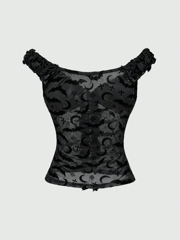 Women Halloween PUNK Mesh & Flocked Bat Off Shoulder Ruffle See-Through T-Shirt