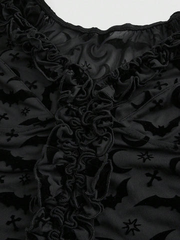 Women Halloween PUNK Mesh & Flocked Bat Off Shoulder Ruffle See-Through T-Shirt