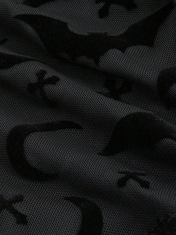 Women Halloween PUNK Mesh & Flocked Bat Off Shoulder Ruffle See-Through T-Shirt