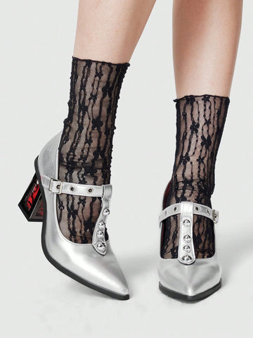 Women Rose Flower Sexy High Heels Dark Rock Punk Shoes Closed Toe Strap With Metal Buckle