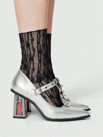Women Rose Flower Sexy High Heels Dark Rock Punk Shoes Closed Toe Strap With Metal Buckle