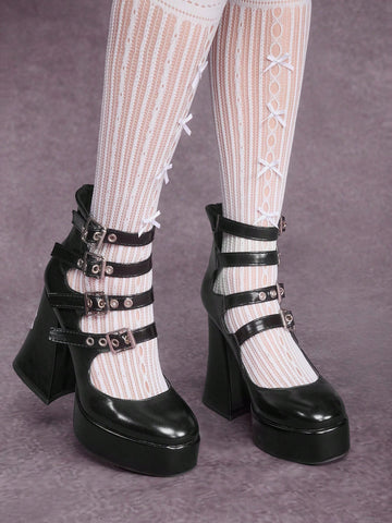 Goth Women's Black Chunky Heel Closed Toe Chic Pumps, Suitable For Dark Rock Punk Goth Party