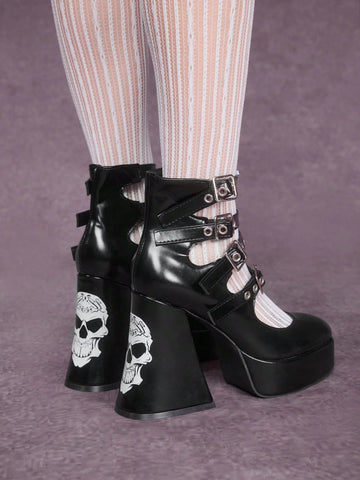 Goth Women's Black Chunky Heel Closed Toe Chic Pumps, Suitable For Dark Rock Punk Goth Party
