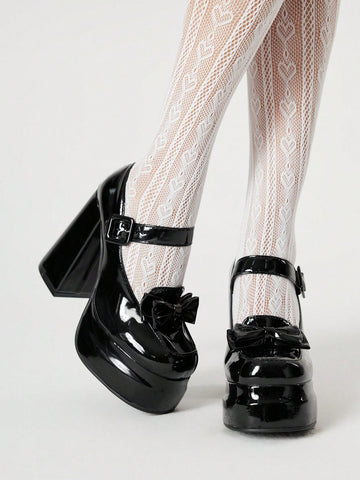 Women's Black Closed Toe Mary Jane Shoes With Strap, Bow Decor Lolita Shoes,