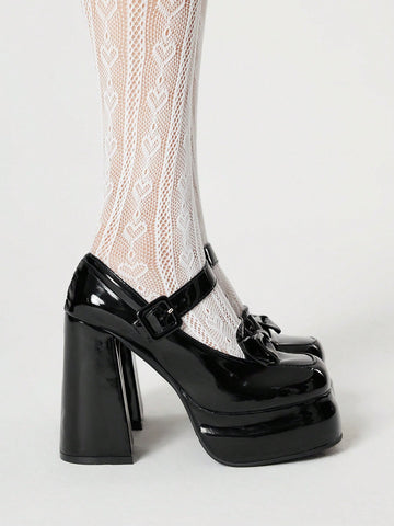Women's Black Closed Toe Mary Jane Shoes With Strap, Bow Decor Lolita Shoes,