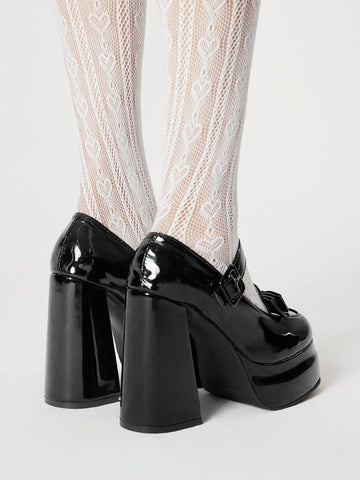 Women's Black Closed Toe Mary Jane Shoes With Strap, Bow Decor Lolita Shoes,