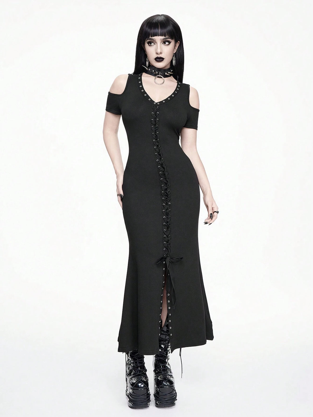 ROMWE Goth Women's Bodycon Mermaid Hem Weaving Strap Dress With Drawstring