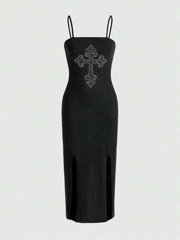 ROMWE Goth Women's Cross Rhinestone Strappy Bodycon Dress