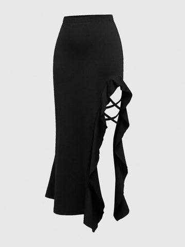 ROMWE Goth Women's Ruffled Slit Hem Skirt