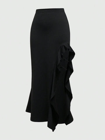 ROMWE Goth Women's Ruffled Slit Hem Skirt