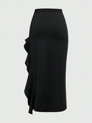 ROMWE Goth Women's Ruffled Slit Hem Skirt