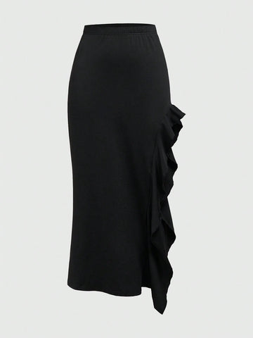 ROMWE Goth Women's Ruffled Slit Hem Skirt